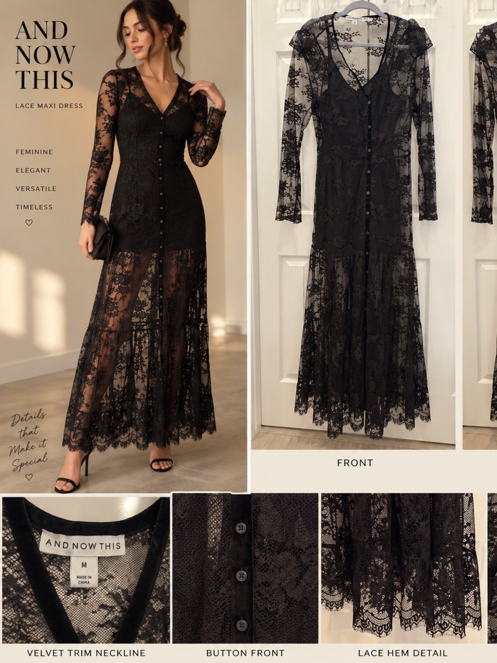 And Now This Black Lace Maxi Dress with Velvet Trim